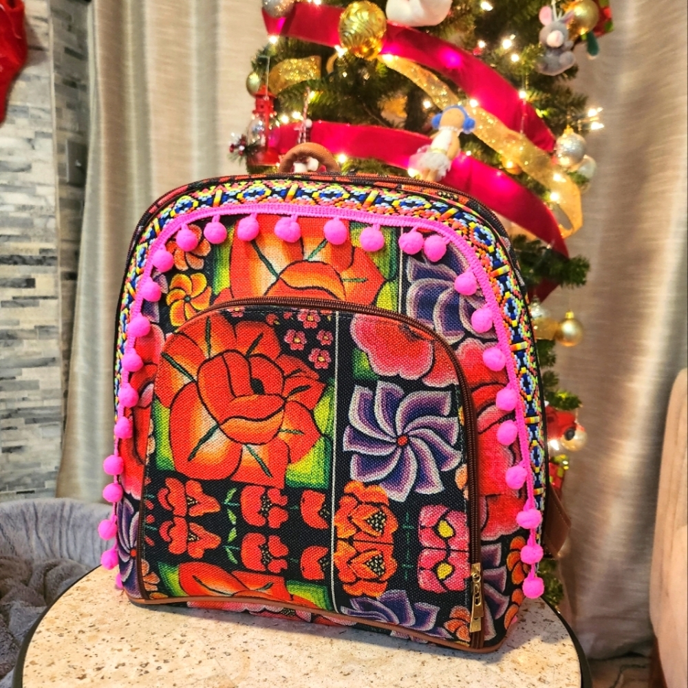 Mexican back pack with floral embroidery made in Mexico